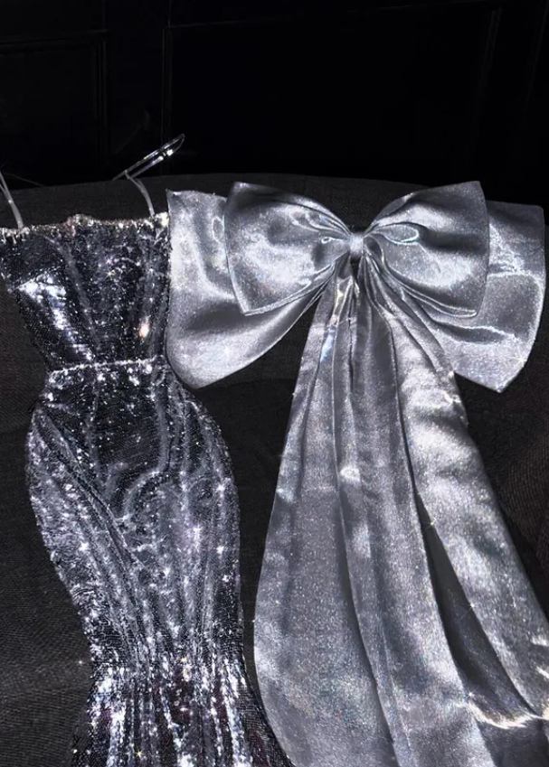 Shiny Silver Sequin Mermaid Strapless Beaded Bow Satin Long Prom Dress DP4643