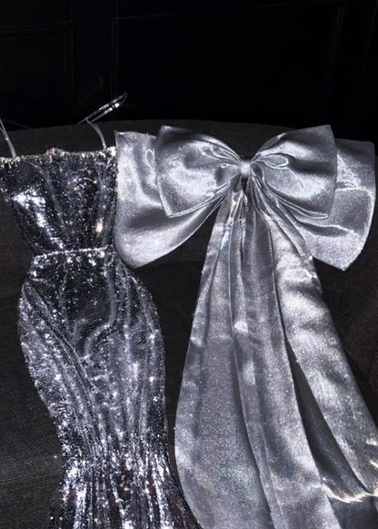 Shiny Silver Sequin Mermaid Strapless Beaded Bow Satin Long Prom Dress DP4643