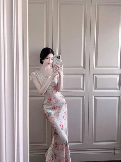 Elegant Sheath V Neck Pink Print Floral Satin Long Prom Dress Outfits DP4614