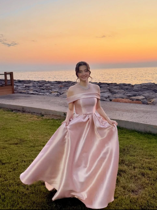 Simple A Line Off the Shoulder Pink Satin Long Prom Dress Evening Dress DP6792
