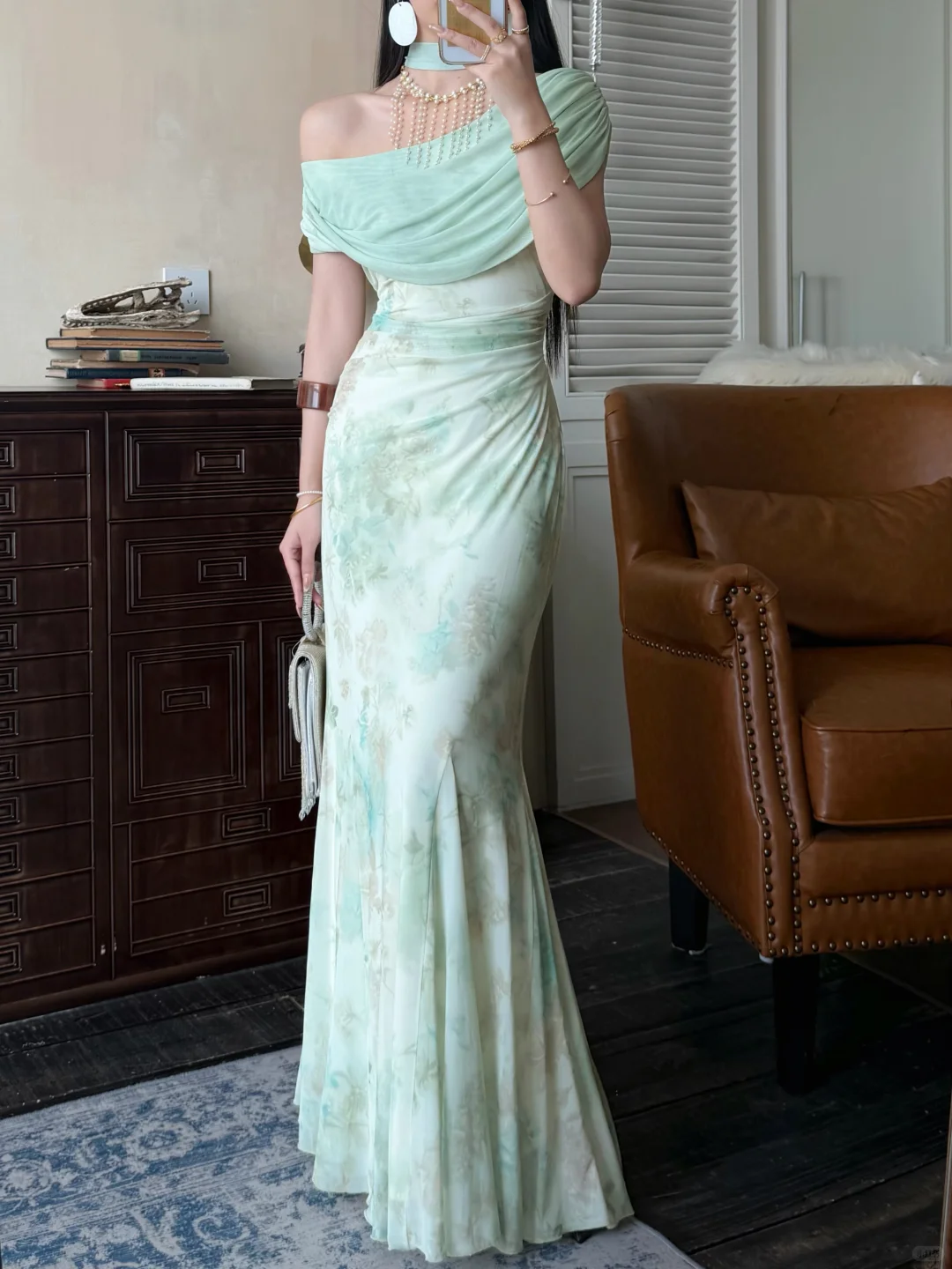 Gentle Light Green Mermaid Print Floral Chiffon Long Prom Dress Evening Dress DP5648