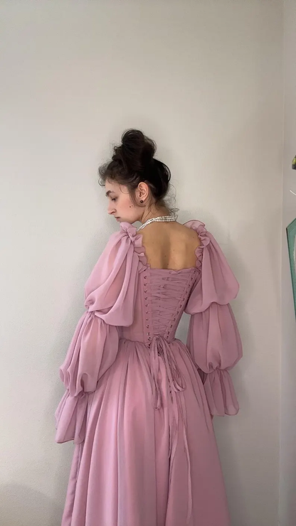 Purple A Line Long Sleeve Corset Chiffon Long Party Dress Outfits Dress DP2630