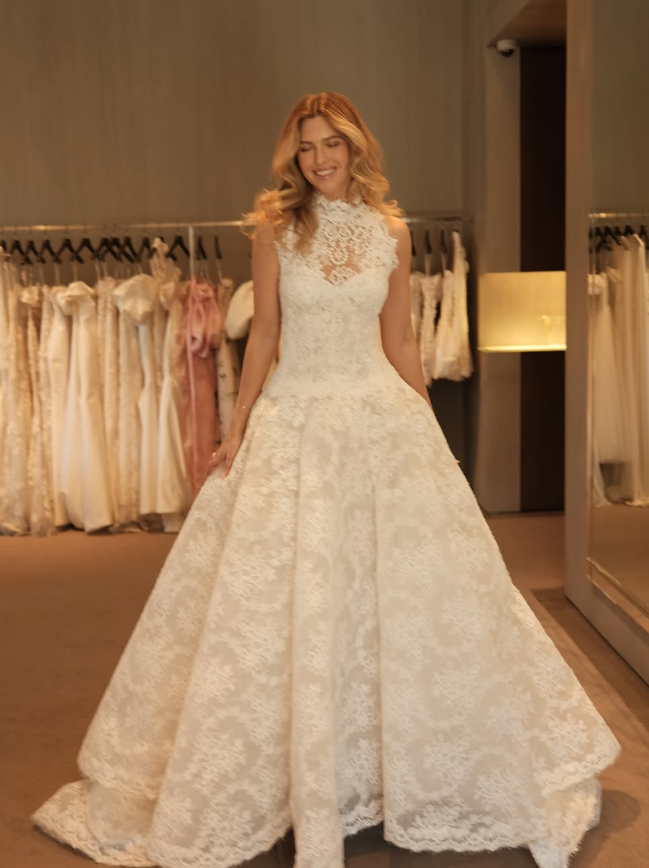 2025 New Ball Gown High Neck Lace Tulle Long Sweep Wedding Dress DP1796