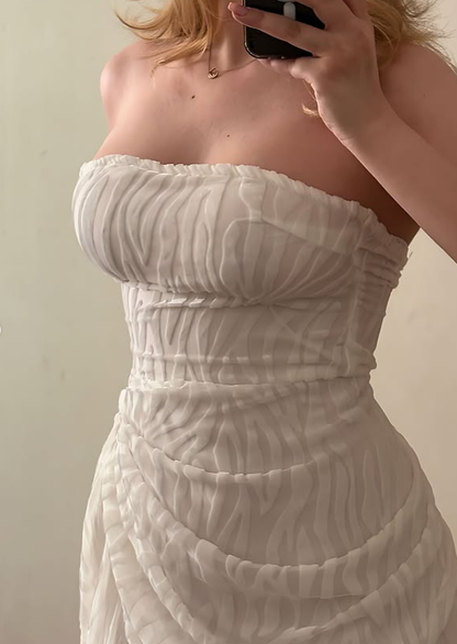 Vintage Unique Sheath Strapless White Tulle Prom Dress Evening Dress DP6411