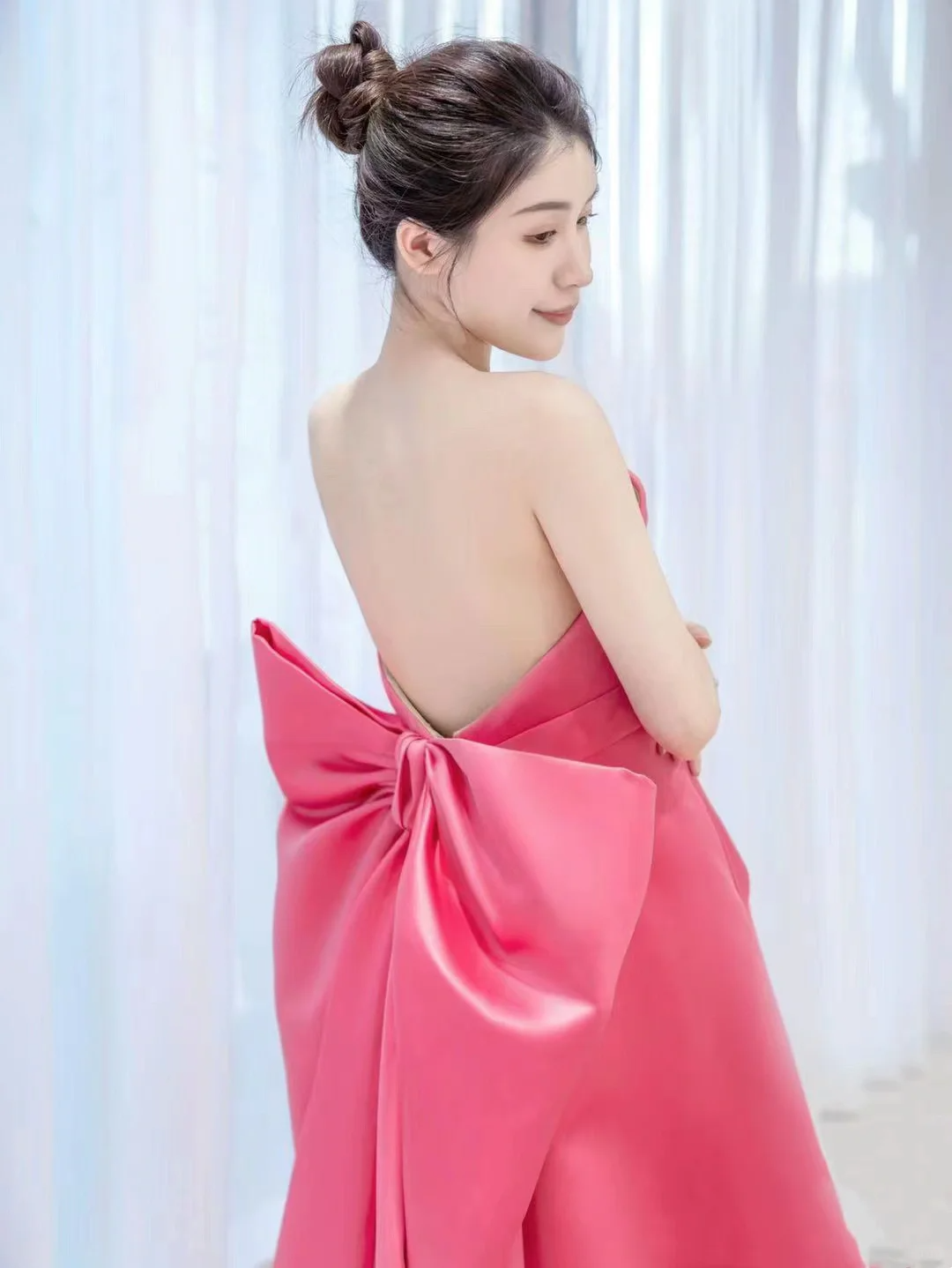 Cute A Line Strapless Bow Pink Satin Long Party Dress Birthday Dress with Slit DP2425