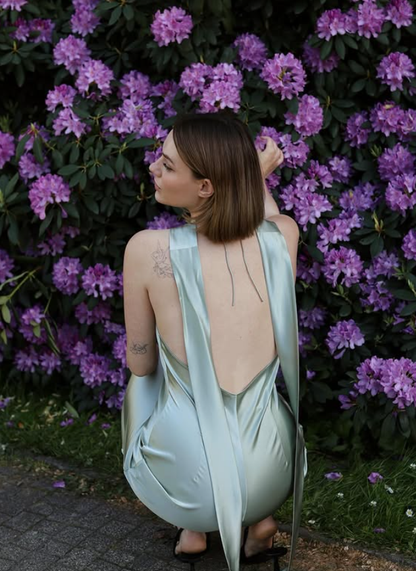 Sage Green A Line Halter Satin Open Back Prom Dress Evening Dress DP5405