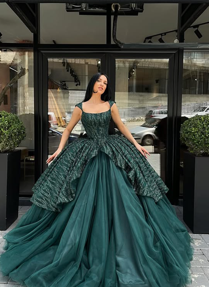 Princess Hunter Green Ball Gown Sequin Tulle Prom Dress 16th Birthday Dress DP5395