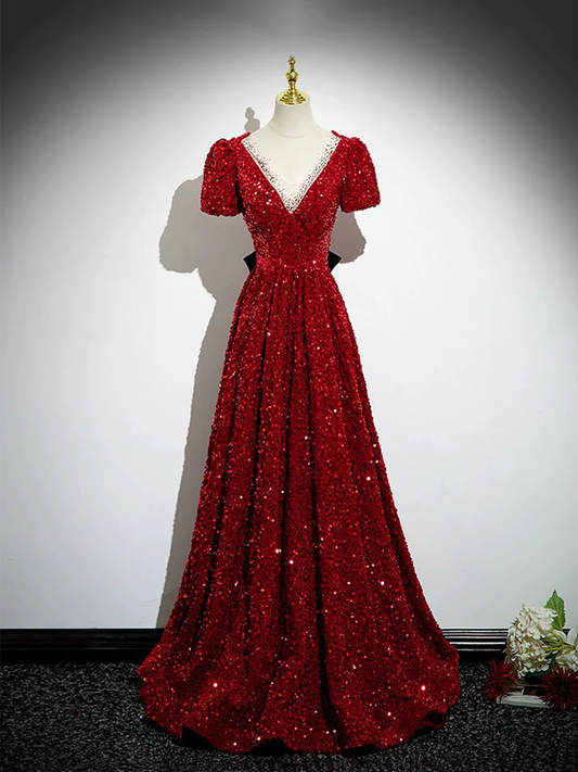 Sparkly Red V Neck Sequins Beaded Evening Party Dress DP399