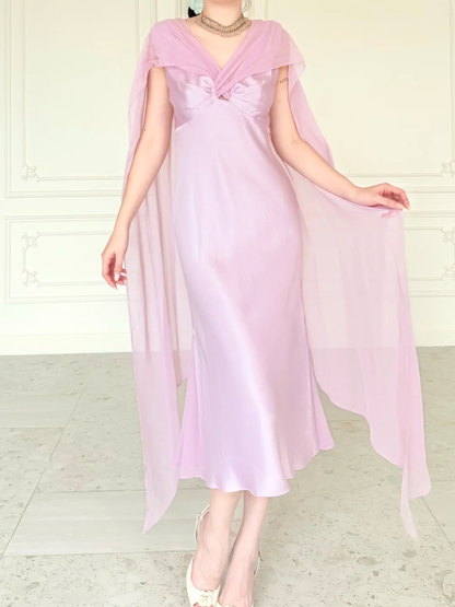 Gentle Light Purple A Line V Neck Chiffon Satin Prom Dress Evening Dress DP6442