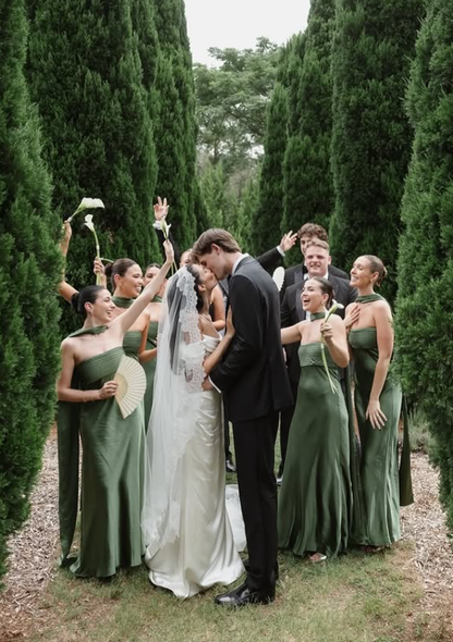 Glamorous Dark Green Sheath Strapless Pleated Satin Bridesmaid Dress DP5095