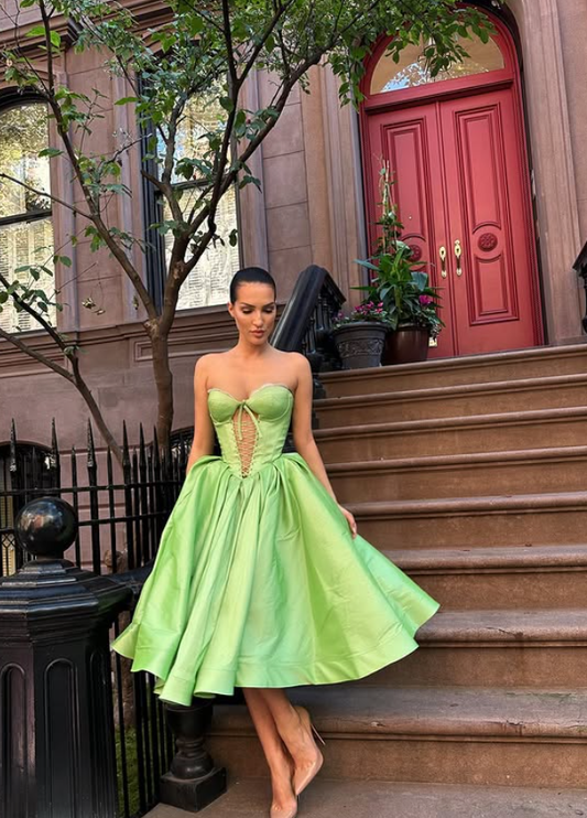 Bright Green A Line Sweetheart Neck Satin Tea Length Prom Dress Evening Dress DP5396