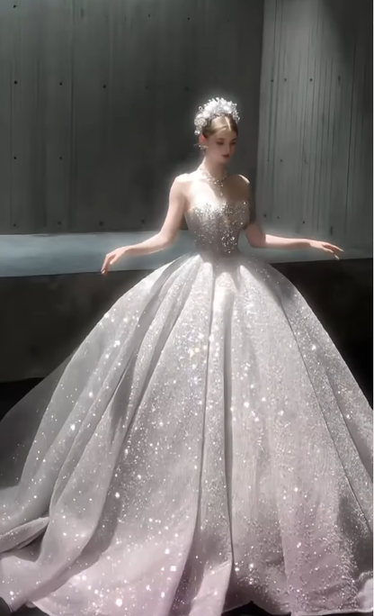 Shiny Ball Gown Strapless Exquisite Beaded Pink Ombre Sequin Prom Dress DP4386