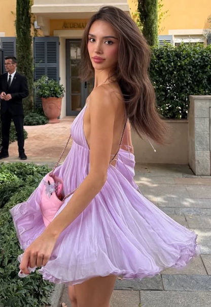 Purple A Line Spaghetti Straps Chiffon Backless Short Outfits Vacation Dress DP4881