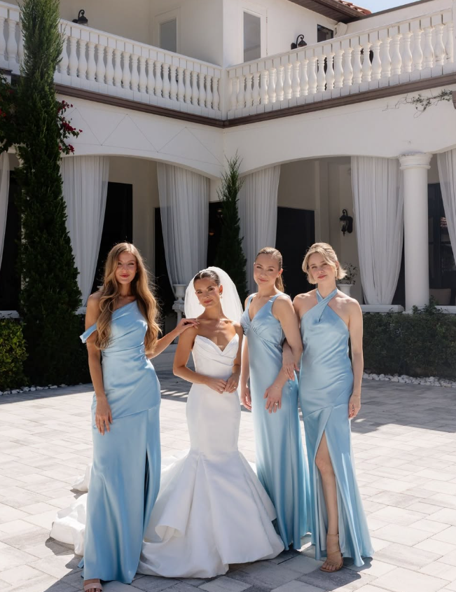 Gentle Blue Mermaid Halter Satin Long Prom Dress Bridesmaid Dress with Slit DP4982
