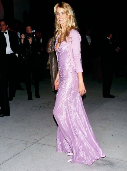 Romantic Purple A Line Straps Shiny Beaded Satin Long Prom Dress DP5086