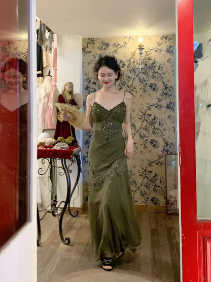 Vintage Olive Green Mermaid Spaghetti Strap Exquisite Beaded Chiffon Prom Dress 22th Birthday Dress DP3929