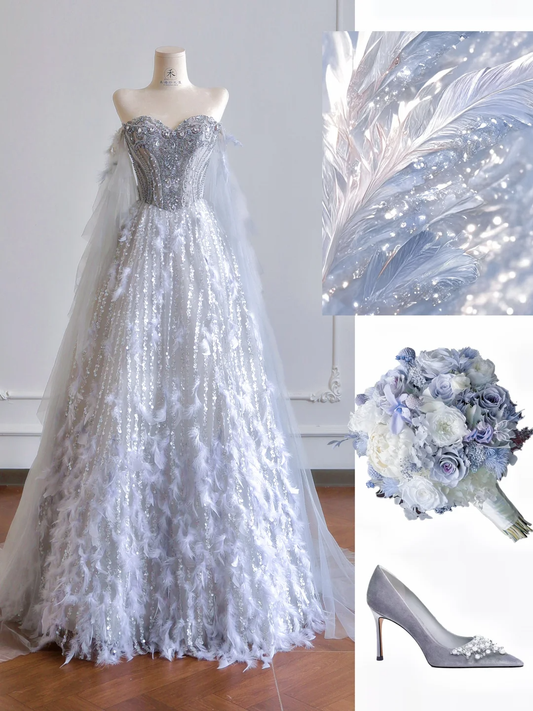 Grey A Line Sweetheart Neck Beaded Sequin Feather Tulle Long Prom Dresses DP4184
