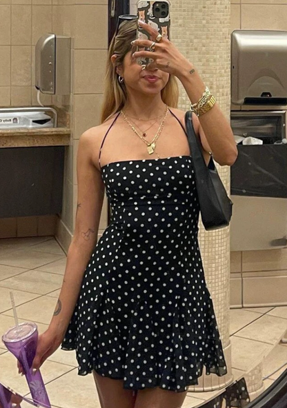 Cute Polka Dot A Line Halter Chiffon Backless Short Outfits Vacation Dress DP4883