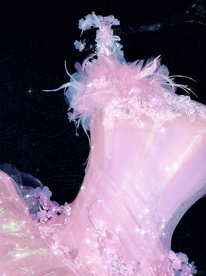 Dreamy A Line Straps Beaded Layered Flower Pink Tulle Prom Dress Party Dress DP2558