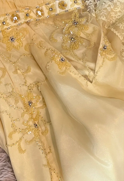 Vintage Mermaid V Neck Beaded Yellow Lace Chiffon Prom Dress Wedding Guest Dress DP4279