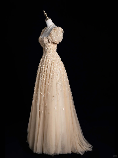 Cute A Line Puff Sleeve 3D Flower Champagne Tulle Long Prom Dress Graduation Prom Dress DP2011