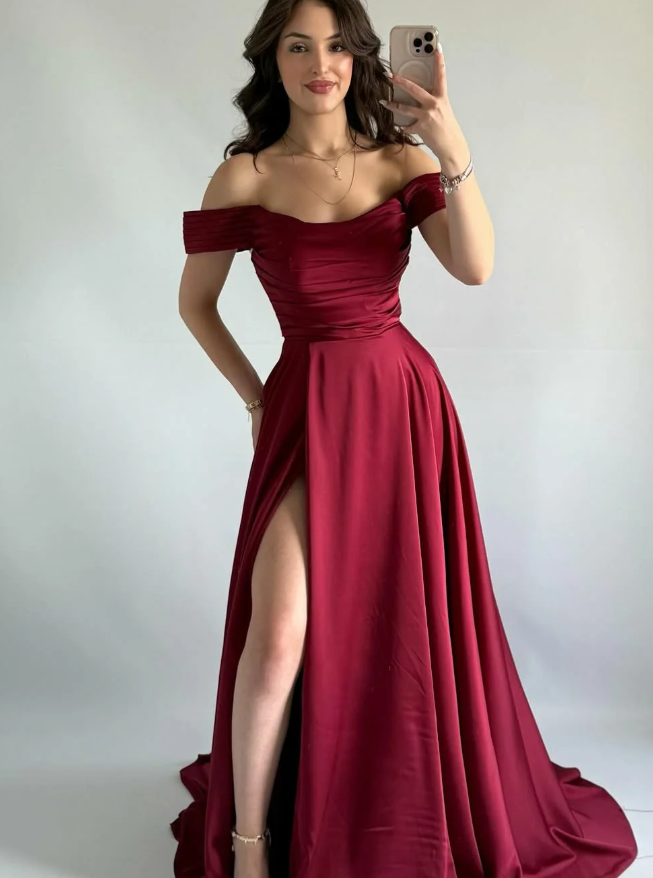 Simple Burgundy A Line Off the Shoulder Satin Prom Dress Evening Dress DP5259