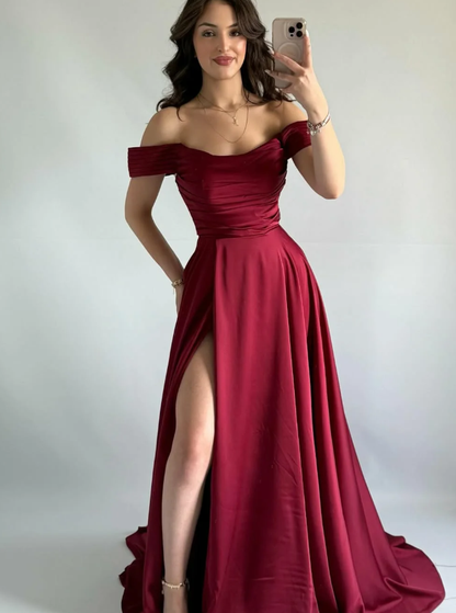 Simple Burgundy A Line Off the Shoulder Satin Prom Dress Evening Dress DP5259