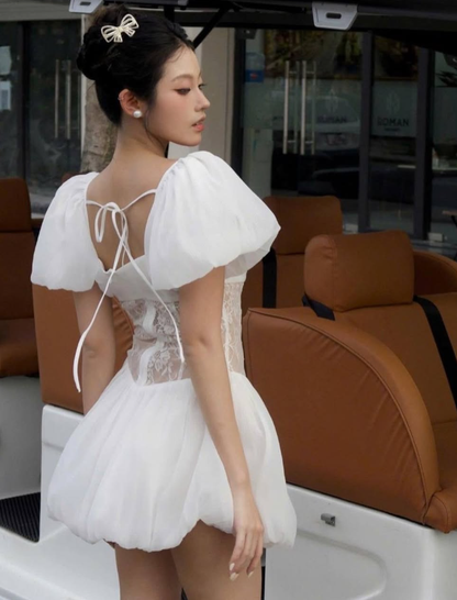 Cute Puff White Lace Satin Short Homecoming Dress Date Dress DP2956