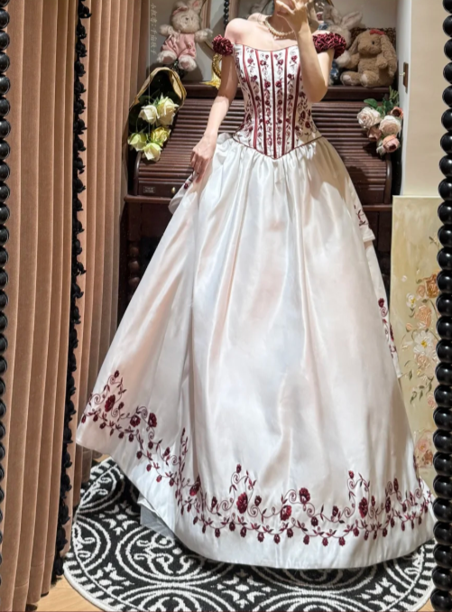 Unique A Line Off the Shoulder Red Embroidery Satin Prom Dress Party Evening Dress DP5324