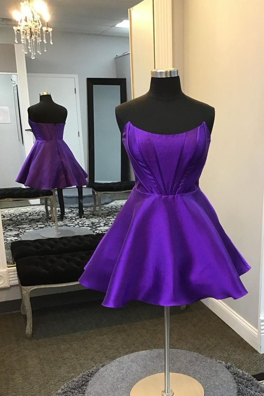 Fashion Strapless Satin Purple A-Line Short Princess Dress Homecoming Dress DP560