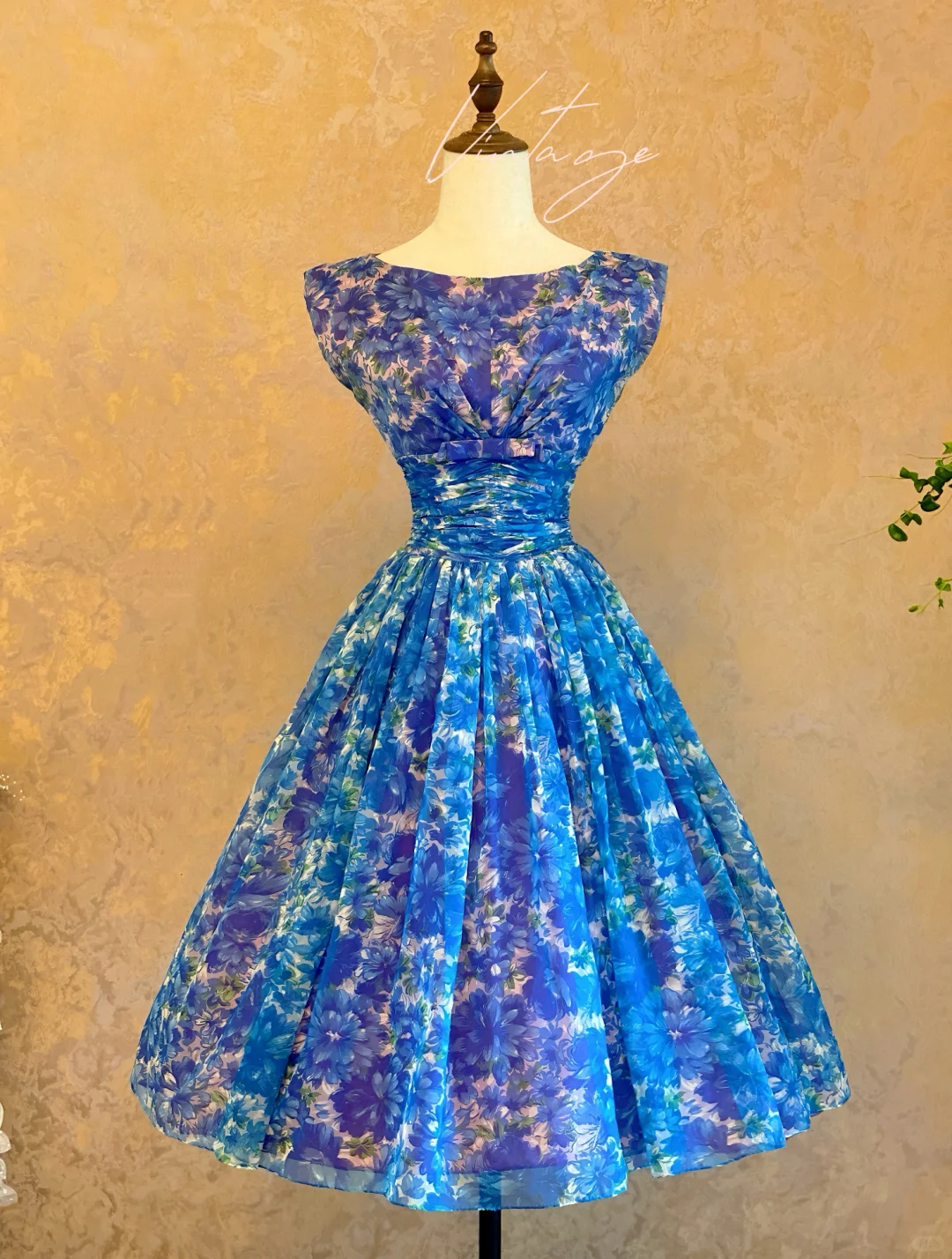 Vintage Cute A Line Round Neck Print Floral Blue Chiffon Prom Dress 16th Birthday Dress Outfits DP4140