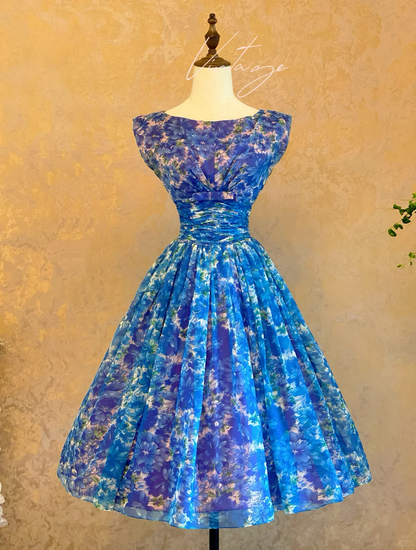 Vintage Cute A Line Round Neck Print Floral Blue Chiffon Prom Dress 16th Birthday Dress Outfits DP4140