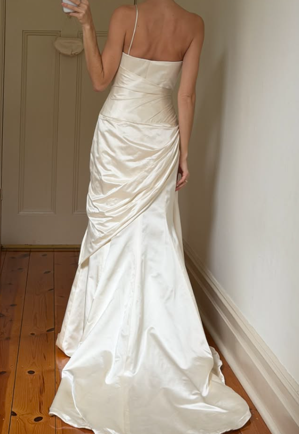 Vintage A Line One Shoulder Ivory Satin Long Wedding Dress DP7695