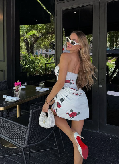Cute Sheath Strapless Print Floral Satin Short Homecoming Dress Birthday Dress DP1461