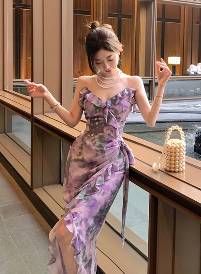 Mermaid Strap Print Floral Purple Chiffon Party Dress Evening Dress Outfits DP3406