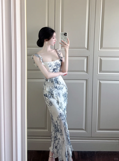 Elegant Mermaid Straps Blue Print Floral Chiffon Long Prom Dress Outfits DP4613