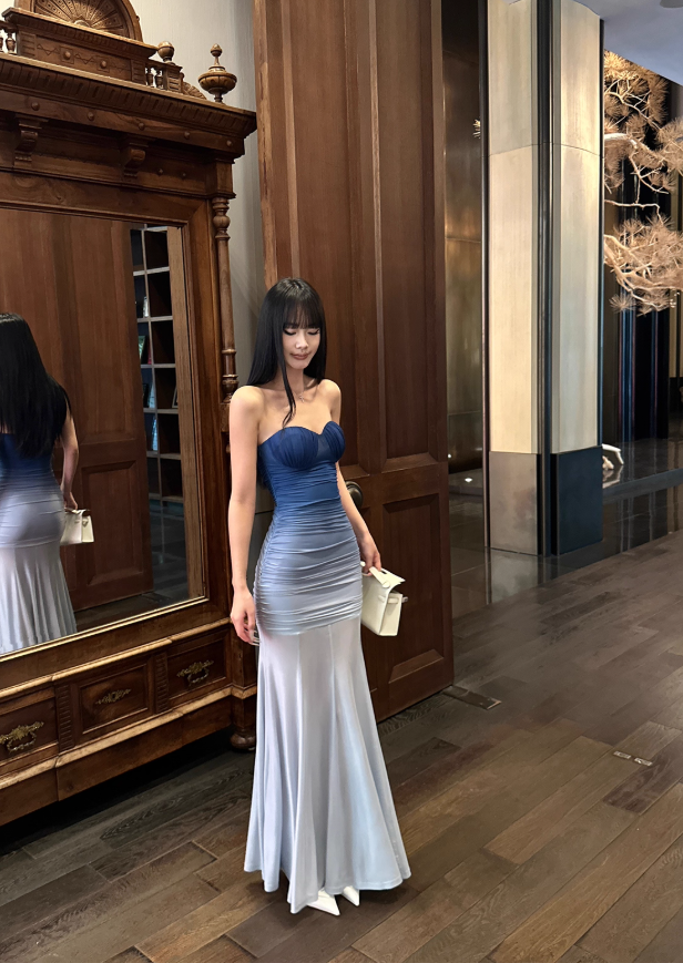 Blue Ombre Mermaid Strapless Pleated Tulle Prom Dress Formal Dress Evening Dress DP3455