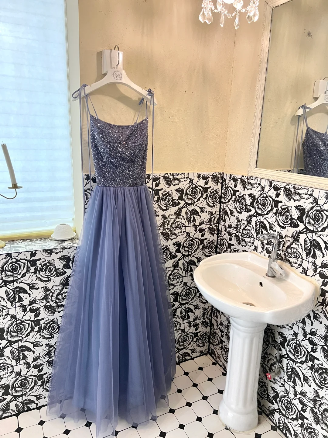 Grey Navy A Line Spaghetti Strap Beaded Tulle Long Prom Dress Evening Dress DP3327