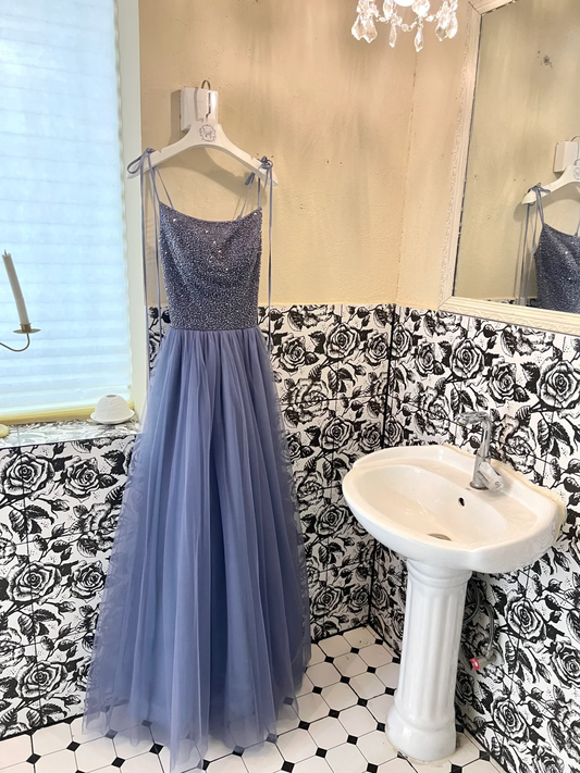 Grey Navy A Line Spaghetti Strap Beaded Tulle Long Prom Dress Evening Dress DP3327