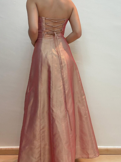 Vintage A Line Strapless Beaded Satin Prom Dress Evening Dress DP1671