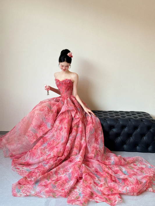 Pink A Line Sweetheart Neck Print Floral Chiffon Long Prom Dress Evening Dress DP1967