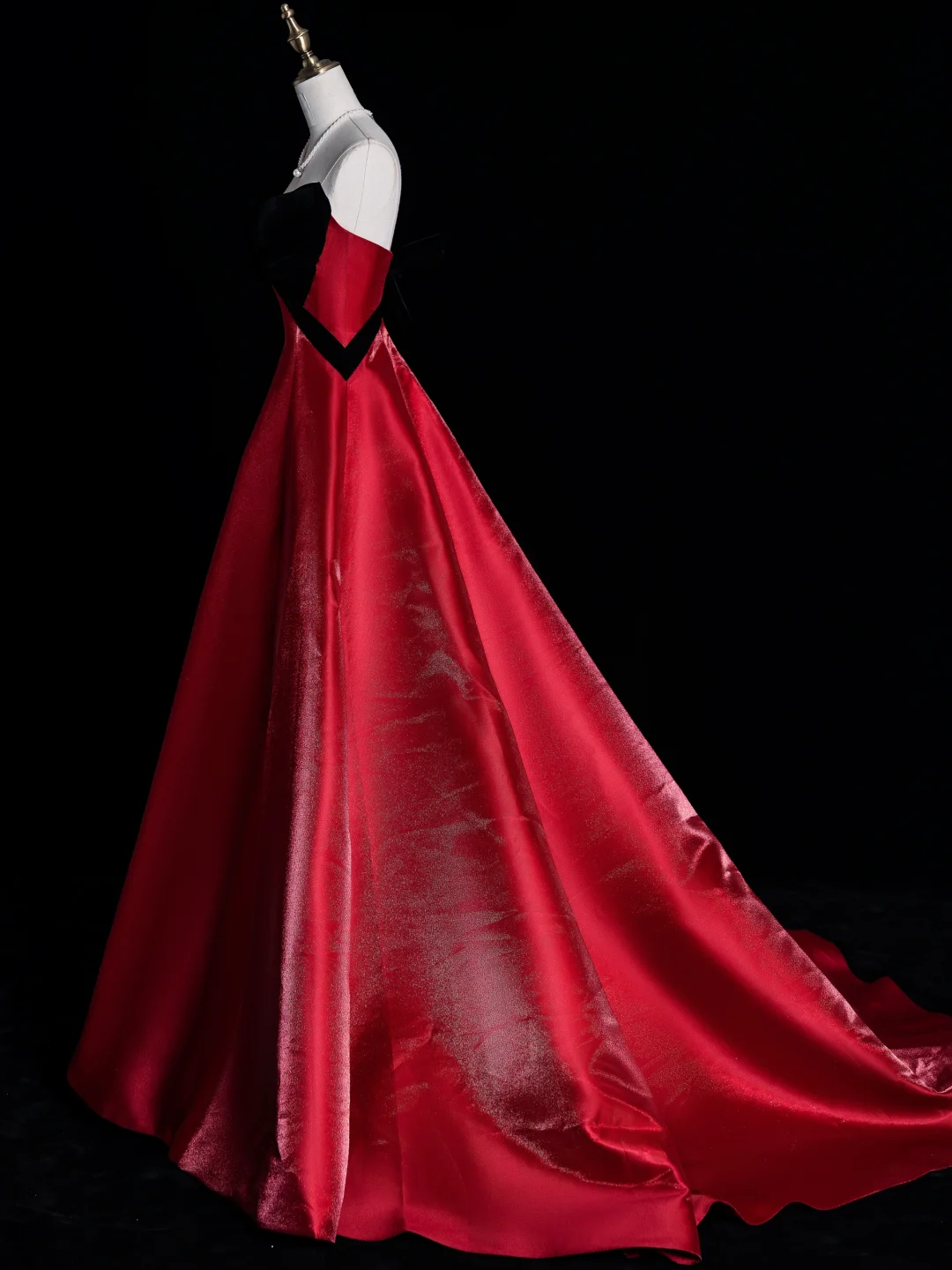 Black Bow A Line Strapless Burgundy Satin Long Prom Dress Graduation Prom Dress DP1968