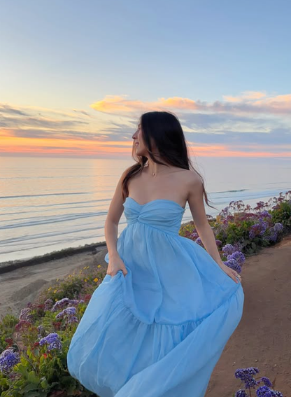 Sky Blue A Line Strapless Tulle Prom Dress Evening Dress Vacation Dress DP5606