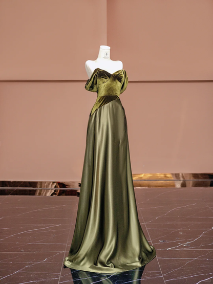 Olive Green Ball Gown Off the Shoulder Velvet Satin Prom Dress Wedding Guest Dress DP3878