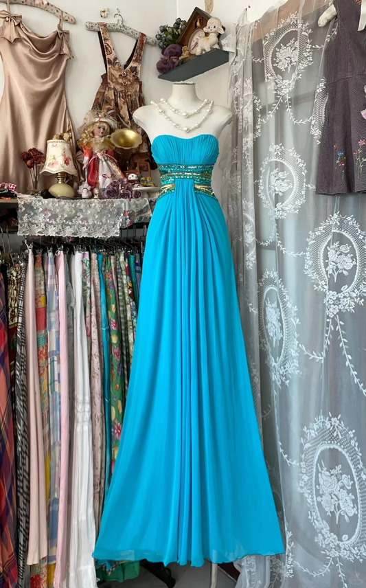 Vintage Bright Blue A Line Sweetheart Neck Sequin Chiffon Prom Dress Evening Dress DP5244