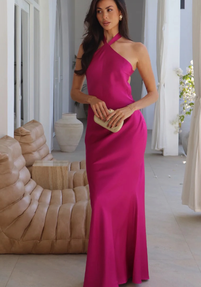 Classic Olive Green Mermaid Halter Satin Long Bridesmaid Dress DP5109