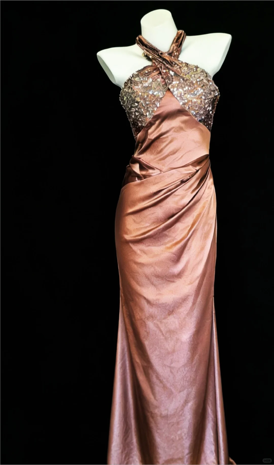 Sexy Vintage Sheath Halter Beaded Satin Open Back Prom Dress Evening Dress DP4729
