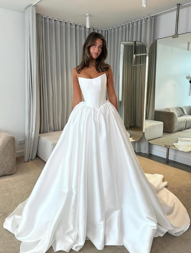 White Simple Classic A Line Strapless Satin Long Wedding Dress DP4903
