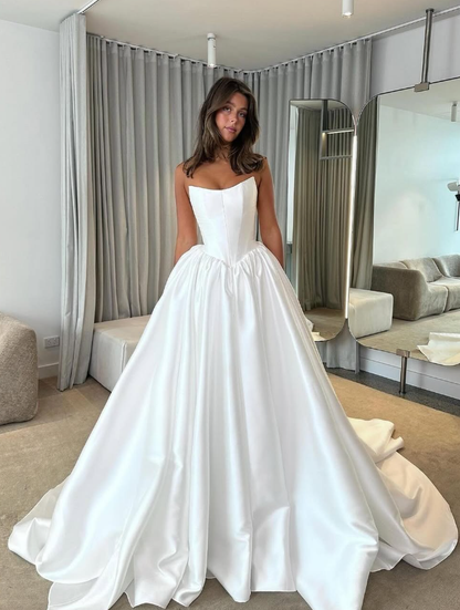 White Simple Classic A Line Strapless Satin Long Wedding Dress DP4903
