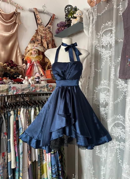 Vintage A Line Halter Navy Blue Satin Short Homecoming Dress Party Dress DP4989